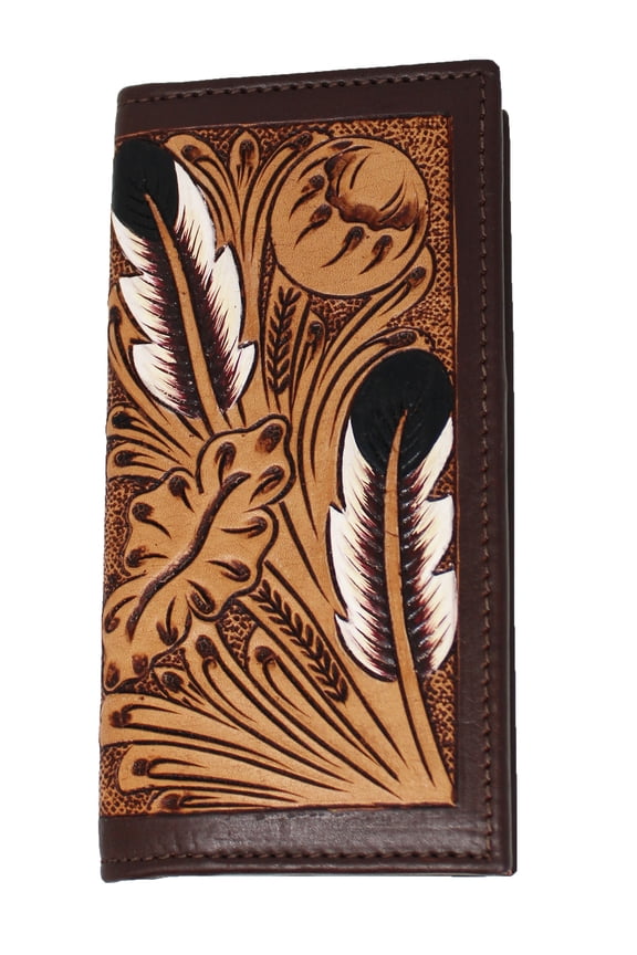 Men's Western Feather Antique Floral Tooled Handcrafted Leather Rodeo Wallet 18RSW67R