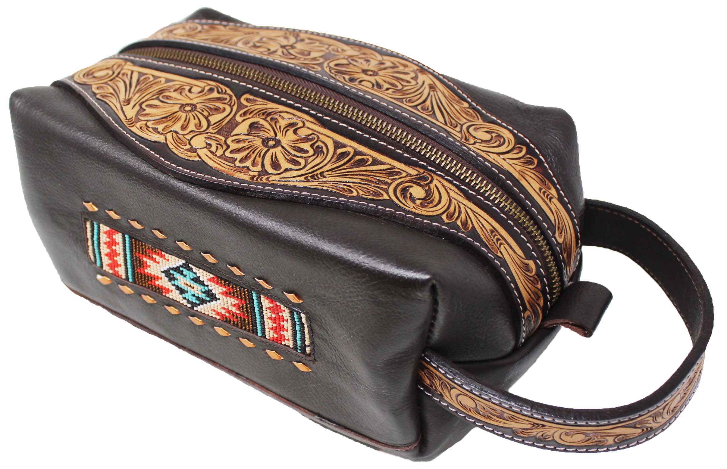 Men's Western Floral Tooled Beaded Pebbled Leather Travel Toiletry Dopp Kit Bag 18FKT11