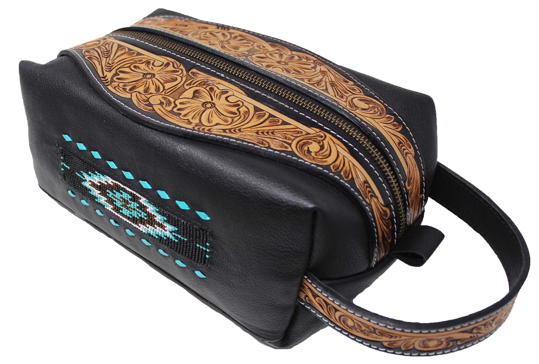 Men's Western Floral Tooled Beaded Pebbled Leather Travel Toiletry Dopp Kit Bag 18FKT12
