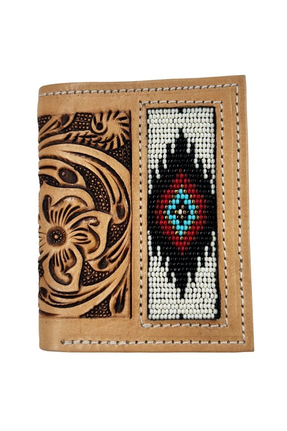 Men's Western Floral Tooled Leather Aztec Beaded Bi-Fold Wallet 18RSW80B