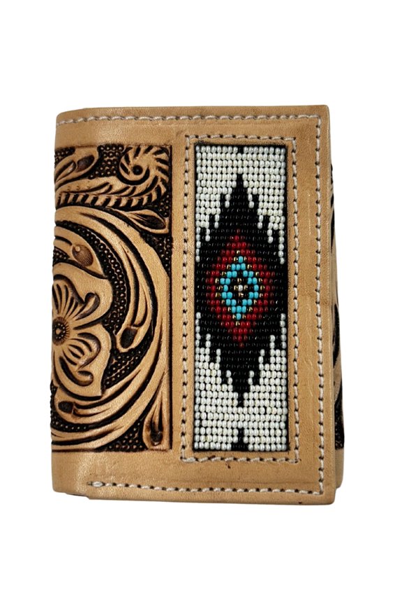 Men's Western Floral Tooled Leather Aztec Beaded Tri-Fold Wallet 18RSW80T