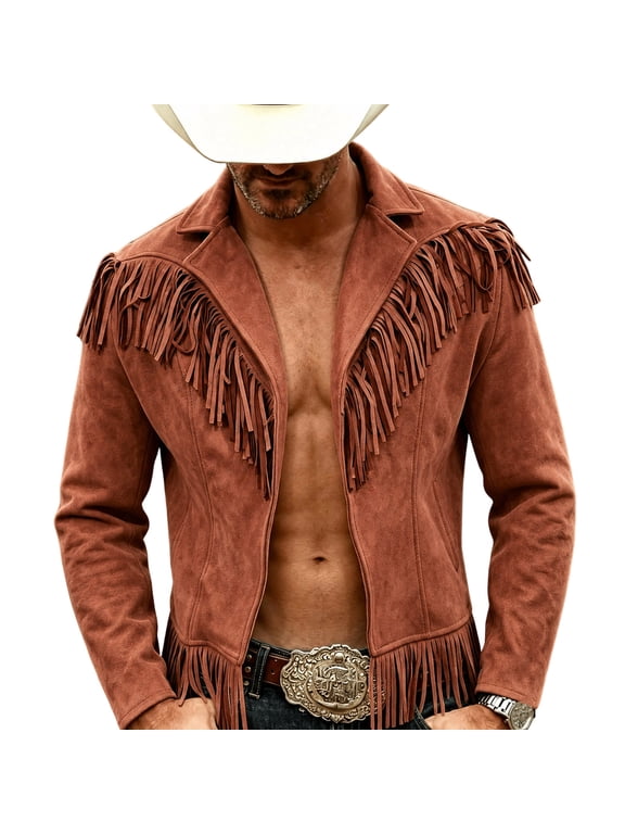 Men's Western Fringe Jacket, Lapel Collar Suede Long Sleeve Cowboy Coat, Open Front Tassel Decorated Vintage Jacket