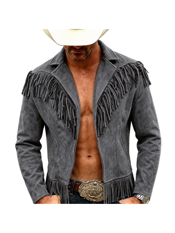 Men's Western Fringe Jacket, Lapel Collar Suede Long Sleeve Cowboy Coat, Open Front Tassel Decorated Vintage Jacket