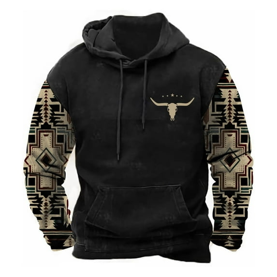 Men's Western Hoodie with 3D Printed Vintage Graphic, Long Sleeve Drawstring Sweatshirt with Pockets - Denim Hooded Shirt,S,black