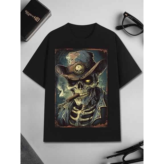 Men's Western-Inspired Cotton Tee - Smoking Skull in Cowboy Hat Graphic, 100% Combed Cotton, Round Neck Short Sleeve, Vibrant & Durable Print for Casual Wear, Western T Shirts