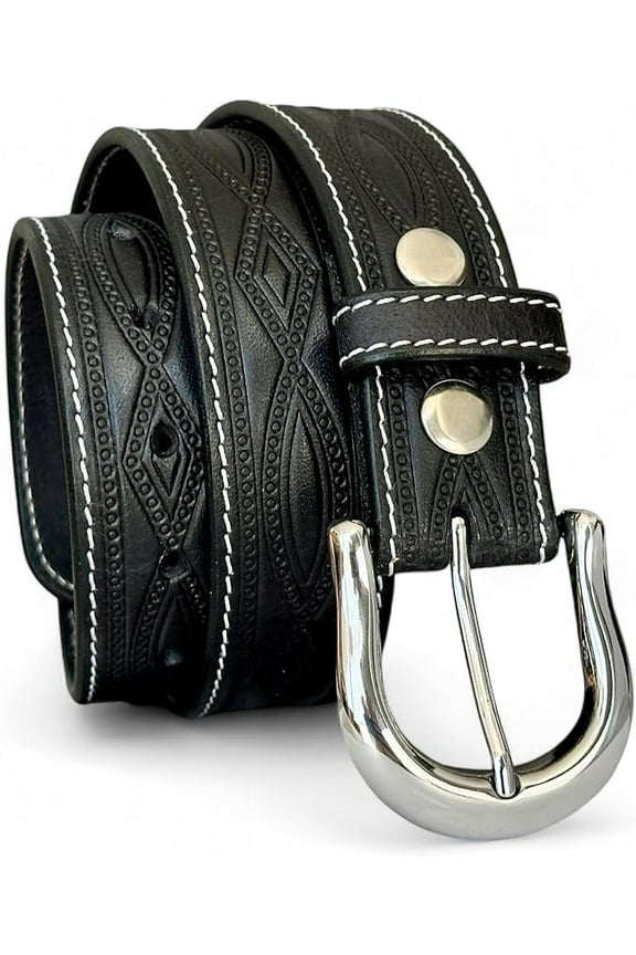 Men's Western Leather Belt Tooled Embossed Handmade Cowboy Belt with Removable Buckle 1.5” Wide