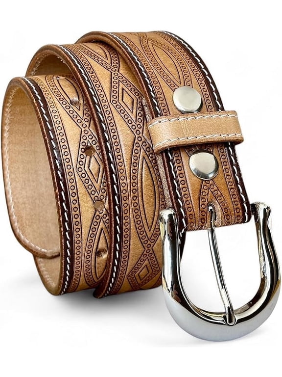 Men's Western Leather Belt Tooled Embossed Handmade Cowboy Belt with Removable Buckle 1.5” Wide