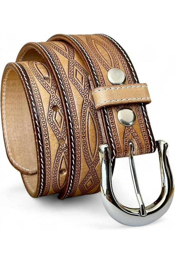 Men's Western Leather Belt Tooled Embossed Handmade Cowboy Belt with Removable Buckle 1.5” Wide