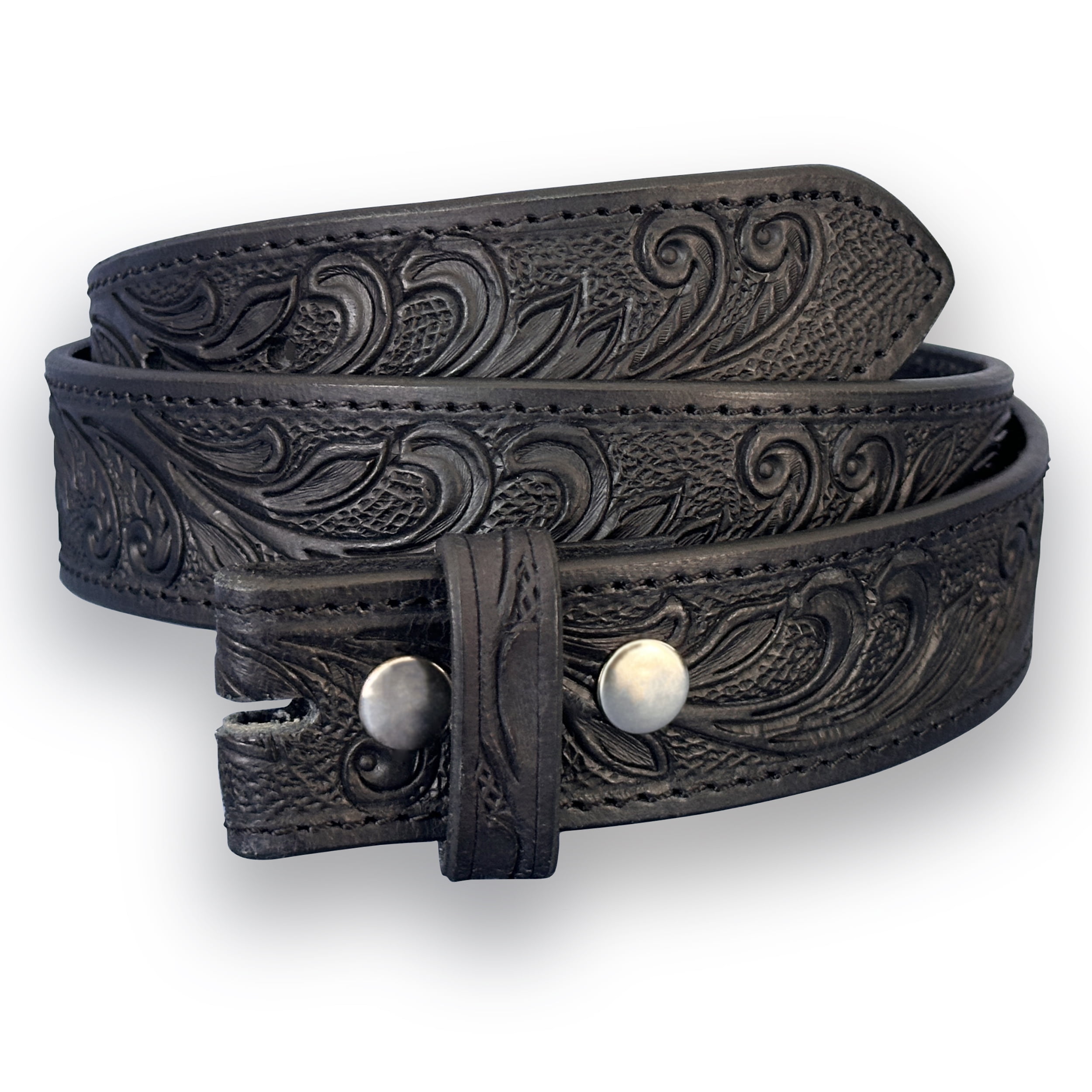 Tooled Leather Floral Embossed Buckle Belt - 1.5\