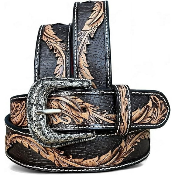 Men's Western Leather Cowboy Belt Tooled Embossed Handmade Belt with Removable Buckle 1.5” Wide