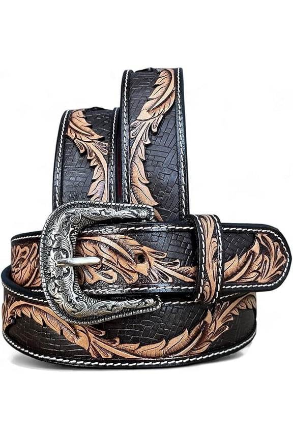 Men's Western Leather Cowboy Belt Tooled Embossed Handmade Belt with Removable Buckle 1.5” Wide