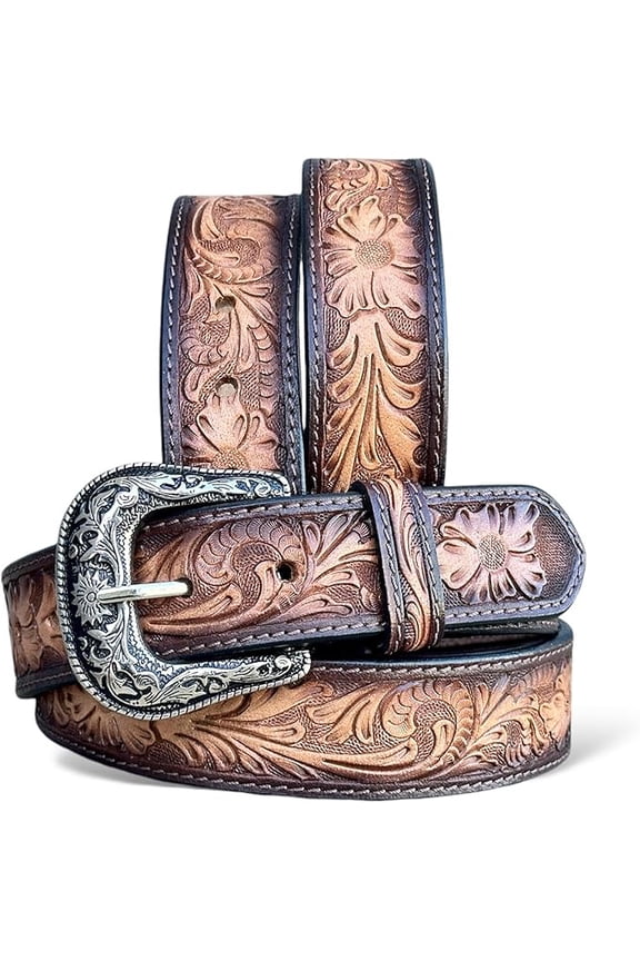 Men's Western Leather Cowboy Belt Tooled Embossed Handmade Belt with Removable Buckle 1.5” Wide