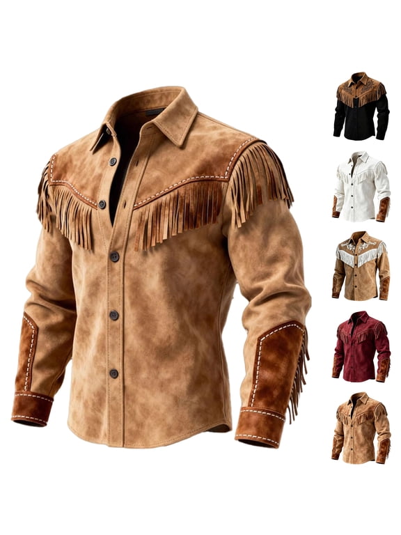 Men's Western Leather Shirts Jacket Suede Fringe Shirts | Long Sleeve Button Down Suede Shirts Slim Fit Fringe Coat Top for Cowboy Music Festivals Themed Parties Daily Wear