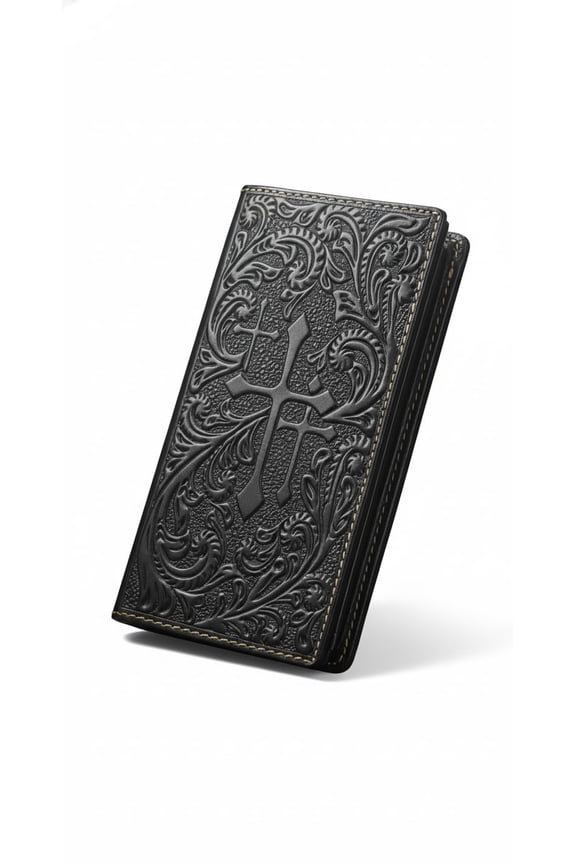 Mens Western Long Leather Wallet - Handmade Embossed Cross Design, Tooled Rodeo Cowboy Bifold Checkbook Wallet, Slim Western Wallet for Cowboys & Ranch Wear (Black) A101