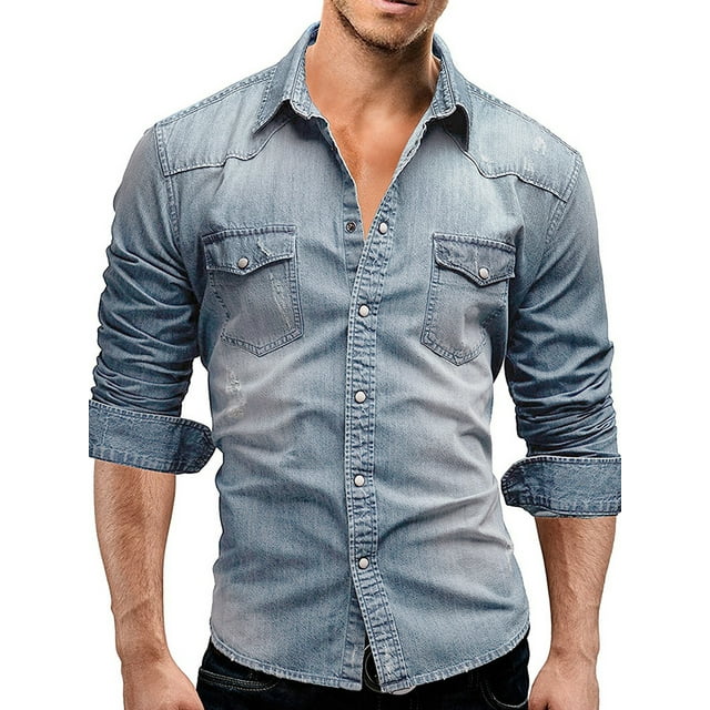 Men's Western Long Sleeve Denim Shirt with Pockets Casual Slim Fit Lapel Tops Button Down Blouse for Winter