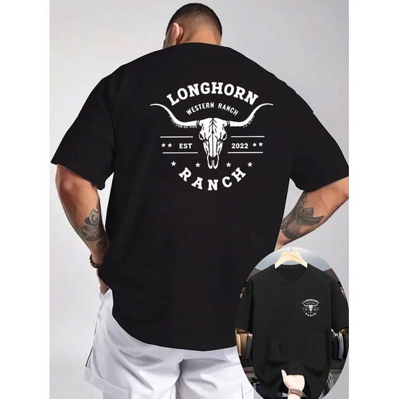 Men's Western Longhorn Ranch Cow Skull Double Sided Graphic Casual Short Sleeve Tee