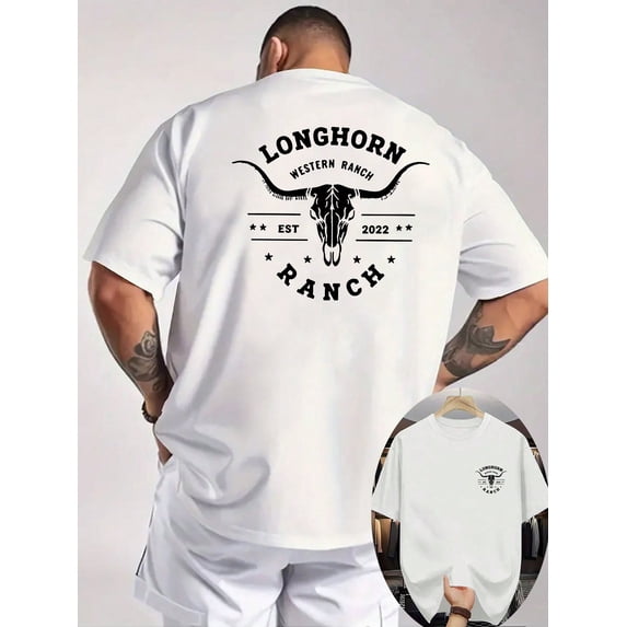 Men's Western Longhorn Ranch Cow Skull Double Sided Graphic Casual Short Sleeve Tee