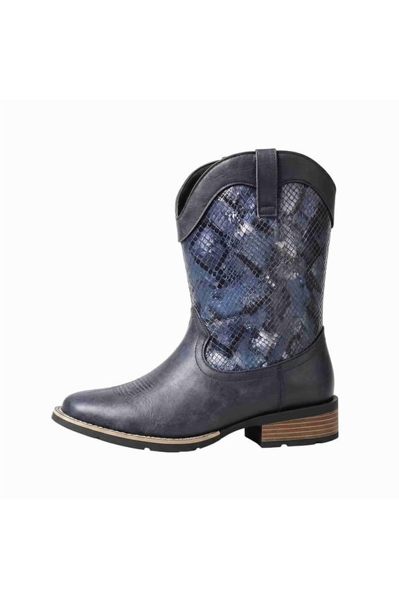 Men's Western Mid Calf Cowboy Boots With Snake Skin Print Upper, Faux Leather Mid-Calf Pull-On Low Stack Heel Pull On Fashion Ranch Boots