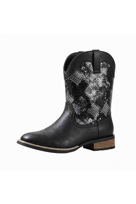 Men's Western Mid Calf Cowboy Boots With Snake Skin Print Upper, Faux Leather Mid-Calf Pull-On Low Stack Heel Pull On Fashion Ranch Boots
