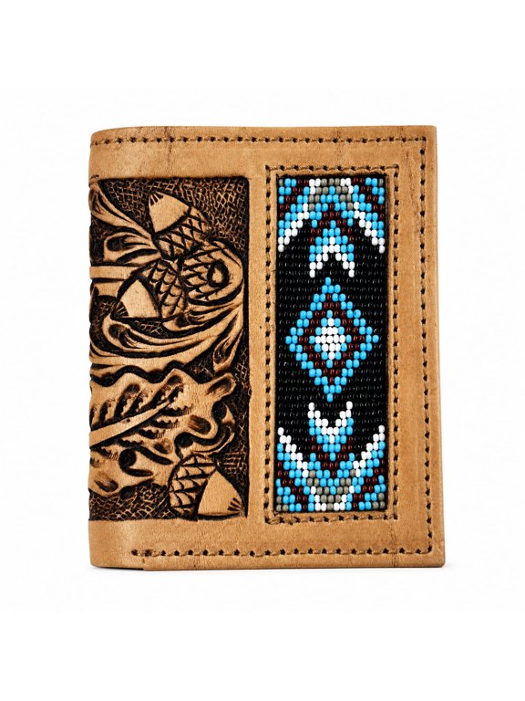 Men's Western Oak Leaf Tooled Leather Beaded Bi-Fold Wallet 18RSW46B