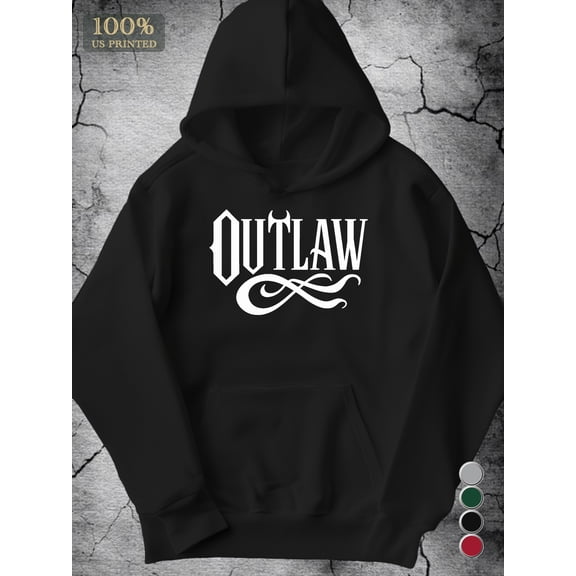 Men's Western Outlaw Graphic Hoodie - 3D Printed Black Cotton Blend Pullover with White Outlaw Text & Swirl Design, Adjustable Hood, Regular Fit Casual Sweatshirt for Spring/Fall Outdoor Activities,