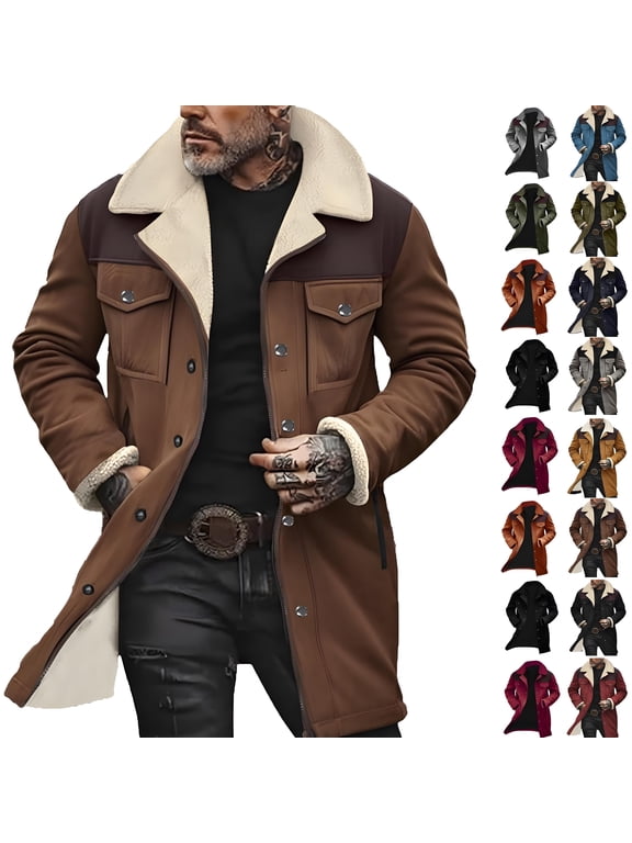 Men's Western Patchwork Zipper Jacket, Faux Suede Long Sleeve Turn-Down Collar Coat with Pockets, Casual Vintage Blouse Outwear for Fall Winter