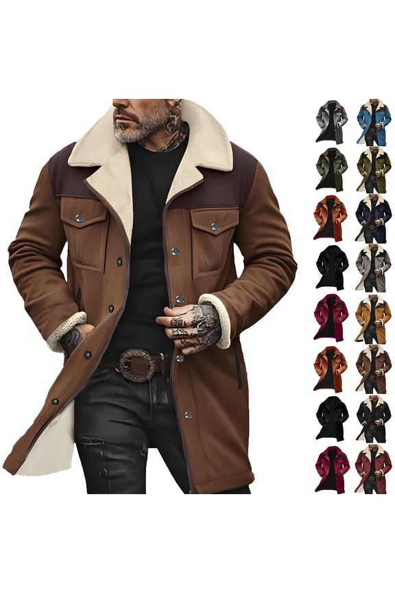 Men's Western Patchwork Zipper Jacket, Faux Suede Long Sleeve Turn-Down Collar Coat with Pockets, Casual Vintage Blouse Outwear for Fall Winter