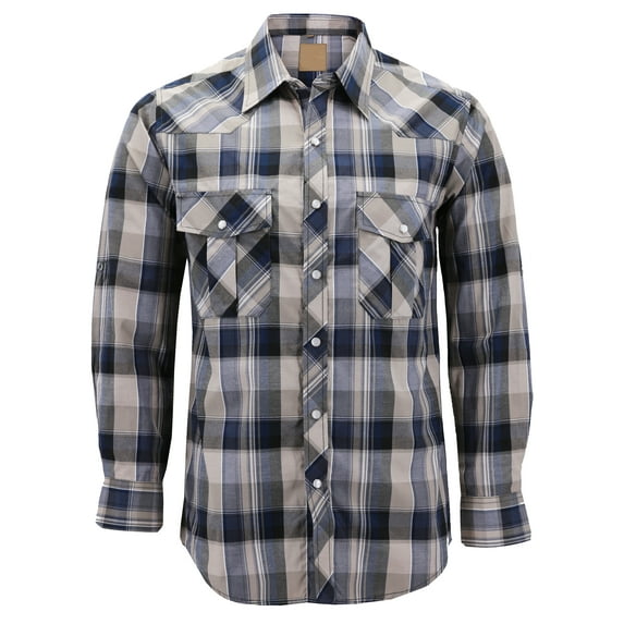 Men’s Western Pearl Snap Button Down Casual Long Sleeve Plaid Cowboy Shirt (#13 Blue/Light Grey, L)