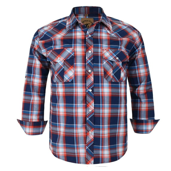 Men’s Western Pearl Snap Button Down Casual Long Sleeve Plaid Cowboy Shirt (#15 Blue/Red/Light Blue, 4XL)