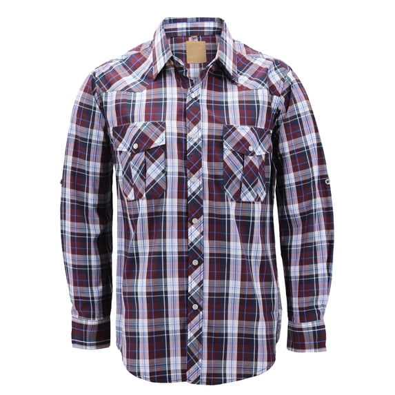 Men’s Western Pearl Snap Button Down Casual Long Sleeve Plaid Cowboy Shirt (#25 Burgundy/White, M)