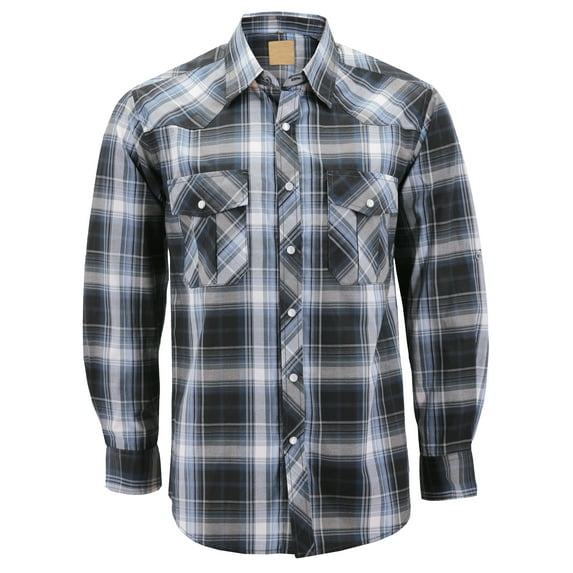 Men’s Western Pearl Snap Button Down Casual Long Sleeve Plaid Cowboy Shirt (#9 Black/Grey, M)