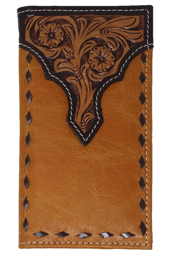Men's Western Rodeo Wallet Antique Floral Tooled Mustard Leather Checkbook Cover 18FKW92R