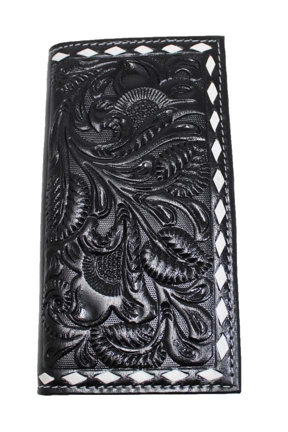 Men's Western Rodeo Wallet Black Floral Tooled Buckstich Leather Checkbook Cover 18FKW30 18FKW71
