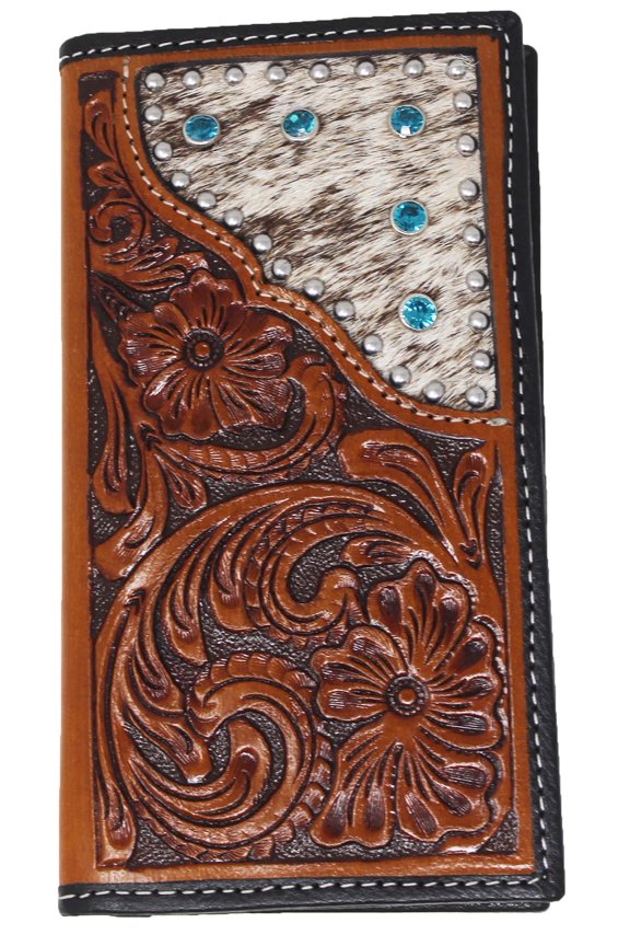 Men's Western Rodeo Wallet Floral Turquoise Rhinestone Checkbook Cover 18FKW16