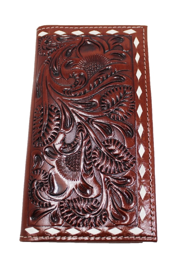 Men's Western Rodeo Wallet Mahogany Floral Tooled Buckstich Leather Checkbook Cover 18FKW70 18FKW70