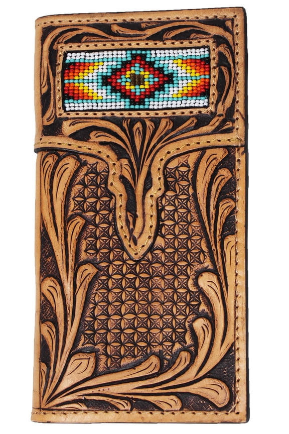 Men's Western Rodeo Wallet Turquoise Beaded Inlay Floral Tooled Leather 18RTW33R