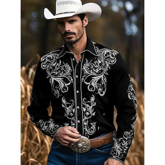 Men's Western Shirt Long Sleeve Embroidered Cowboy Casual Button Shirt Black L