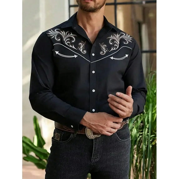 Men's Western Shirt Long Sleeve Embroidered Cowboy Casual Snap Button Shirt Black 3XL