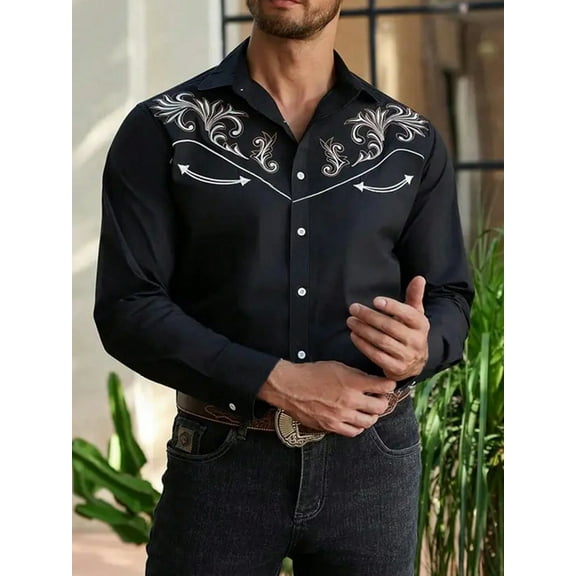 Men's Western Shirt Long Sleeve Embroidered Cowboy Casual Snap Button Shirt Black L