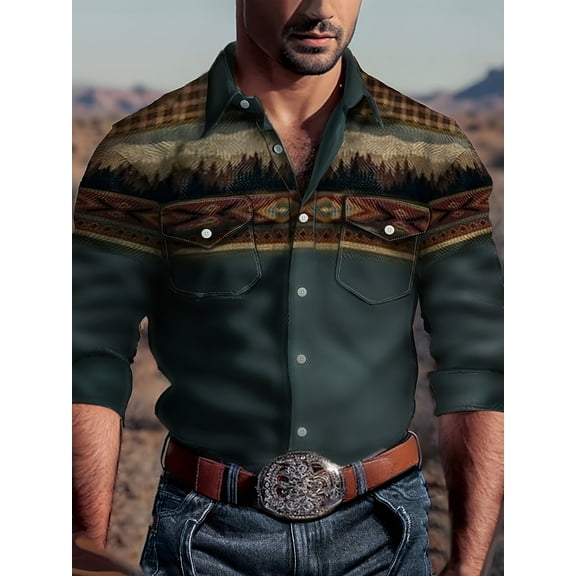 Men's Western Shirt Long Sleeve Embroidered Cowboy Casual Snap Button Shirt Green L