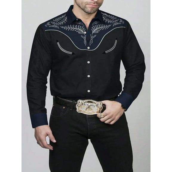 Men's Western Shirt Long Sleeve Embroidered Cowboy Casual Snap Button Shirt Navy XL