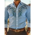 thumbnail image 1 of Men's Western Shirt Tribal Totem Printed Long Sleeve Shirts Casual Button Down Lapel Collar Blouse Outdoor Street Casual Shirt Top Blue XL, 1 of 3