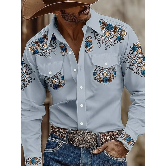 Men's Western Shirts Long Sleeve Embroideres Cowboy Shirts Casual Button Down Shirt Blue XL
