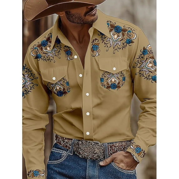 Men's Western Shirts Long Sleeve Embroideres Cowboy Shirts Casual Button Down Shirt Khaki XXL