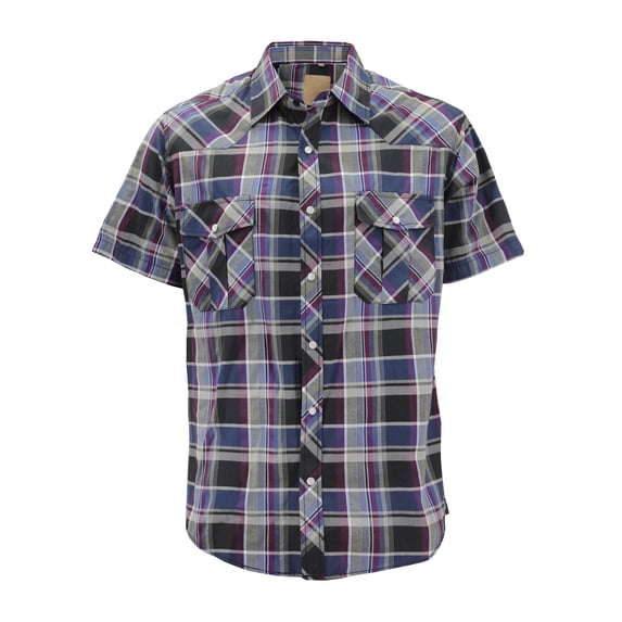 Men’s Western Short Sleeve Button Down Casual Plaid Pearl Snap Cowboy Shirt (#14 Grey/Purple, L)