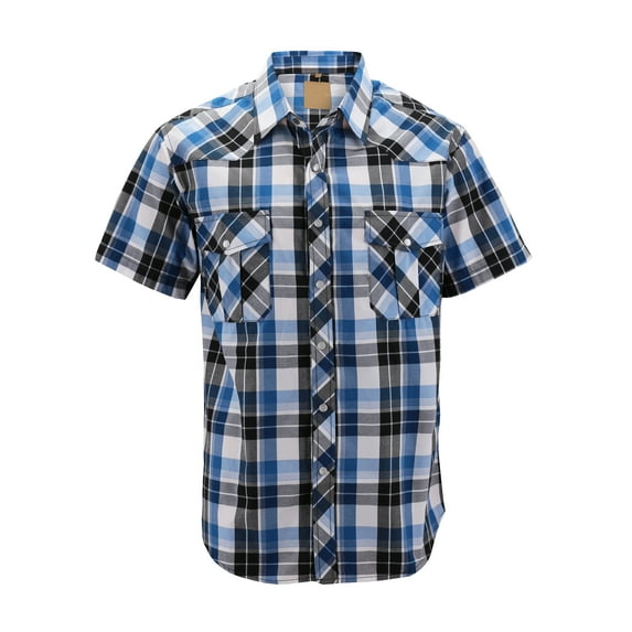 Men’s Western Short Sleeve Button Down Casual Plaid Pearl Snap Cowboy Shirt (#17 Blue/Black/White, S)
