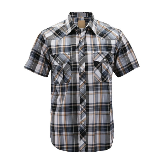 Men’s Western Short Sleeve Button Down Casual Plaid Pearl Snap Cowboy Shirt (#2 Yellow/Grey, S)