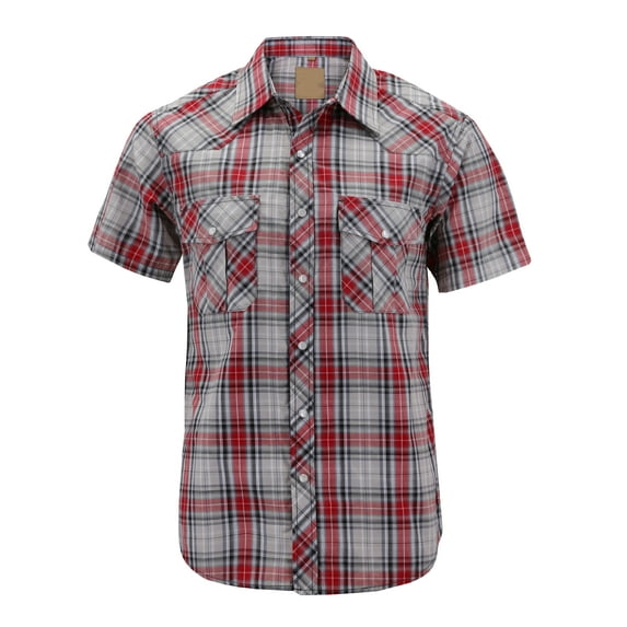 Men’s Western Short Sleeve Button Down Casual Plaid Pearl Snap Cowboy Shirt (#22 Grey/Red, XL)