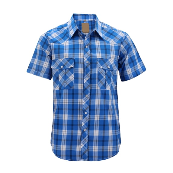 Men’s Western Short Sleeve Button Down Casual Plaid Pearl Snap Cowboy Shirt (#29 Blue/White/Black, L)