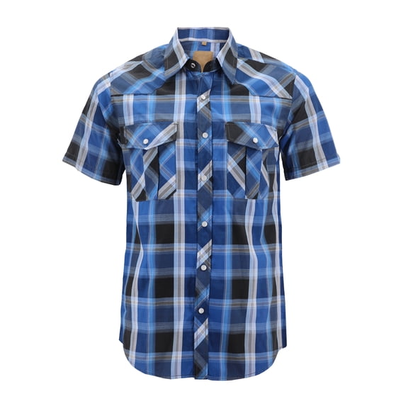 Men?s Western Short Sleeve Button Down Casual Plaid Pearl Snap Cowboy Shirt (#4 Blue/Black, 3XL)